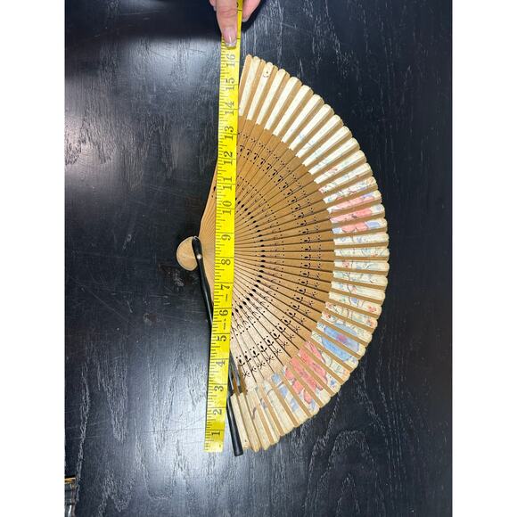 wooden hand painted- vintage fan with fabric end detailing- 17 inches extended - Picture 6 of 7